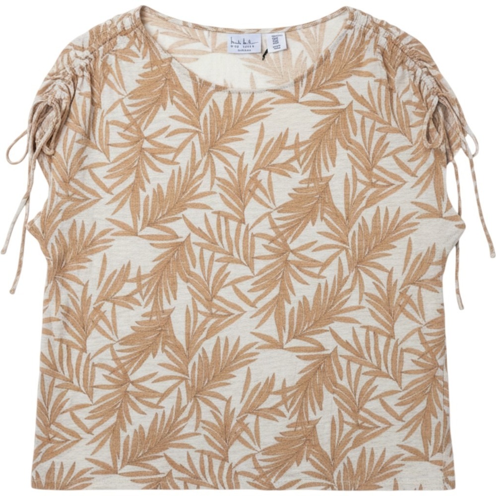 Nicole Miller‎ New York XL Tan Palm Leaf 100% Linen Ruched Shoulder Tie Top